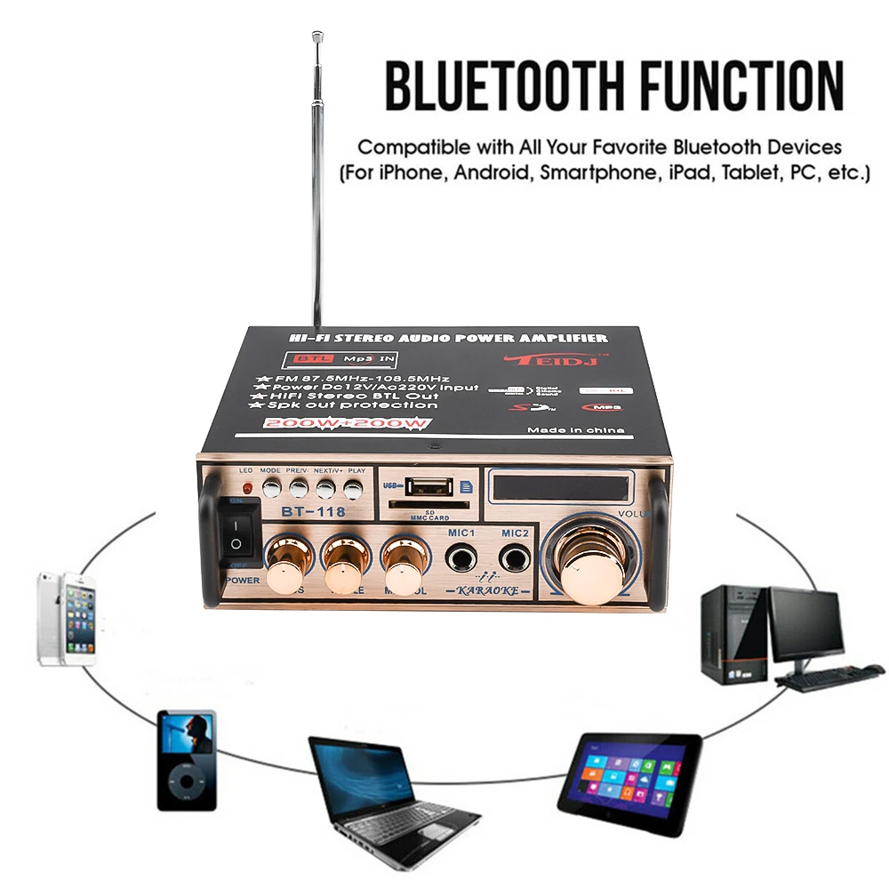 12V/ 220V 2CH LCD Display Digital HIFI Audio Stereo Power Amplifier bluetooth FM Radio Car Home with Remote Control car stereo