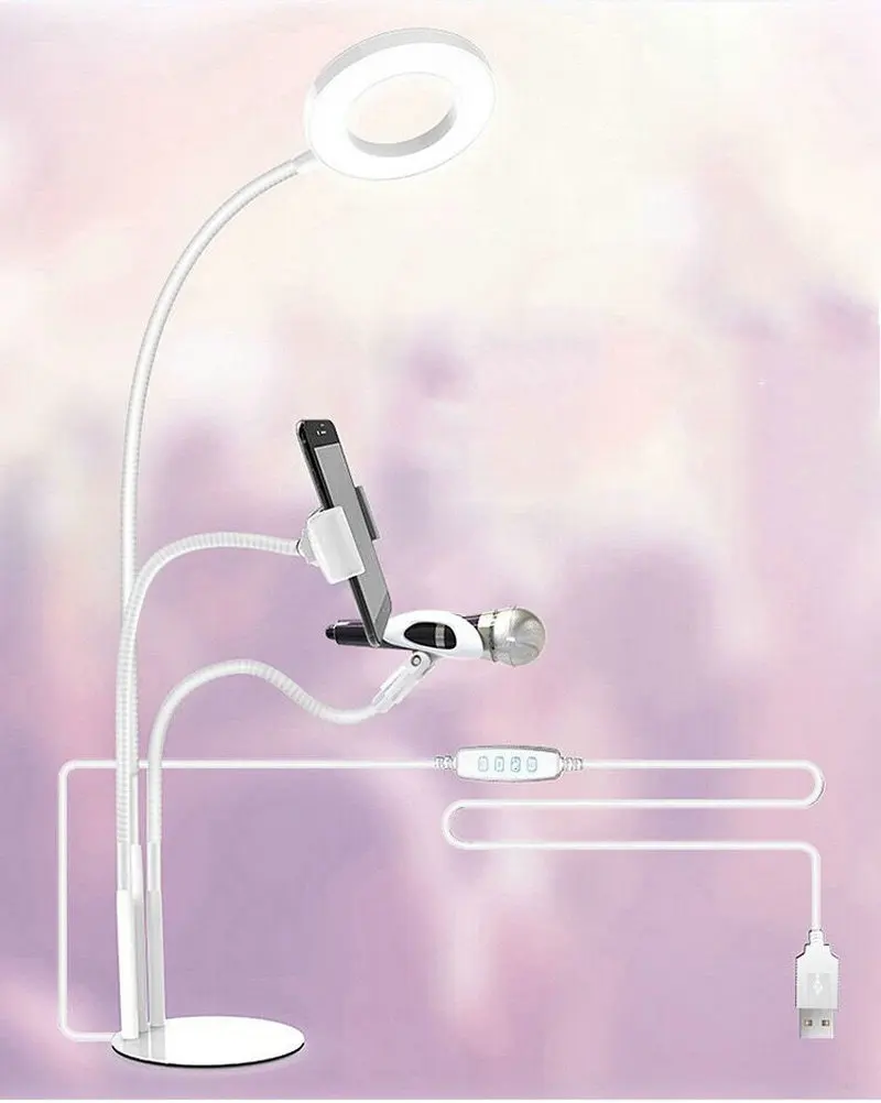 3 in 1 Foods Merchandise Shooting Selfie Ring Fill Light Lamp with Phone Clip &amp Mic Holder Stand f/Makeup Live Stream Broadcast |