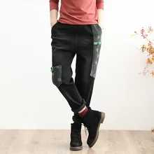 Осень-зима джинсы для женщин в стиле ретро Для женщин флис тонкий типа джинсовые штаны с эластичной резинкой на талии для Повседневное толстые брюки, подходящие для любого размера