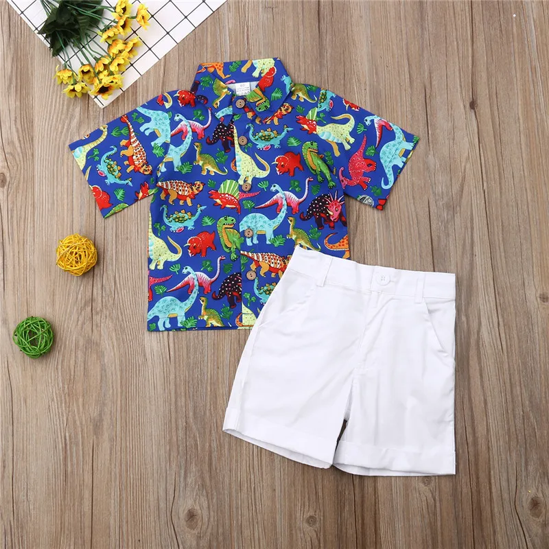 2-7T 2pcs Boys Clothes Set Cute Animal Dinosaur Print Shirt Boys Tops White Short Pant Boys Toddler Outfit Children Clothing Set