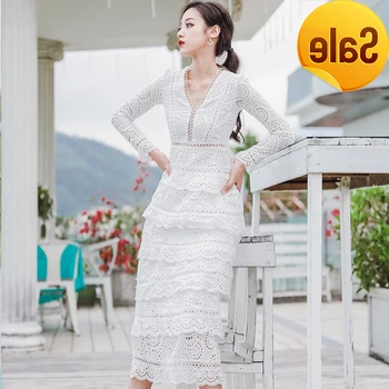 

Sleeve Lace Spring White Autumn Long Dress Women Elegant Vintage V Neck Cake Layered Ruffle Formal Party Dresses Ladies