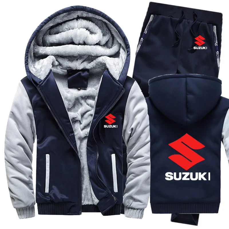 Мужские толстовки с капюшоном с логотипом Suzuki, мужские толстовки с капюшоном, зимний утепленный флисовый хлопковый спортивный костюм на молнии, мужская куртка+ штаны, комплекты из 2 предметов