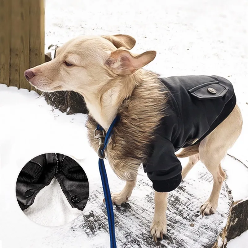 

Leather Dog Coats Puppy Cold Weather Clothes Waterproof Pet Dog Winter Warm Jackets