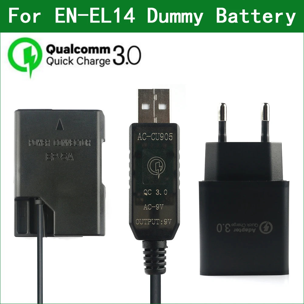QC3.0 EN-EL14 EL14A EP-5A манекен Батарея Мощность банк USB кабель для Nikon D3100 D3200 D3300 D3400 D3500 D5100