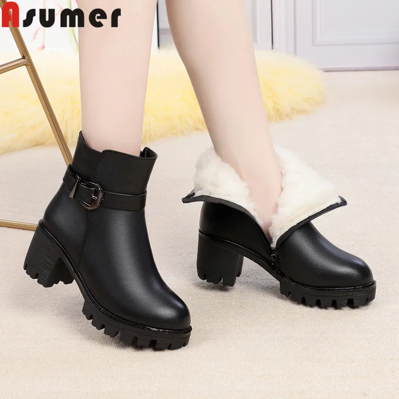 

ASUMER 2020 new winter snow boots round toe zip ladies ankle boots square high heels shoes keep warm sheep wool women boots