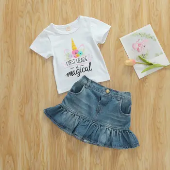 

Sweet Baby Girl Short Sleeve Tops T-shirt Ruffle Denim Skirt Summer Clothes 1-6Y