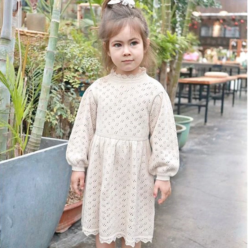 Autumn Winter Baby Girls Lovely Princess Dress Children's Hollow-out Long-Sleeved Dress Knitted Woolen