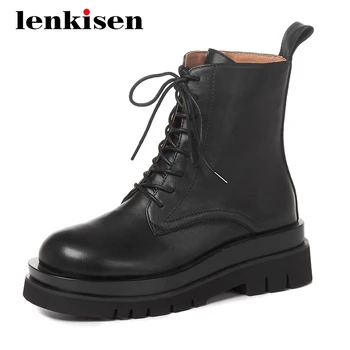 

Lenkisen genuine leather high quality handmade waterproof gorgeous round toe thick high heel zipper young lady ankle boots L82
