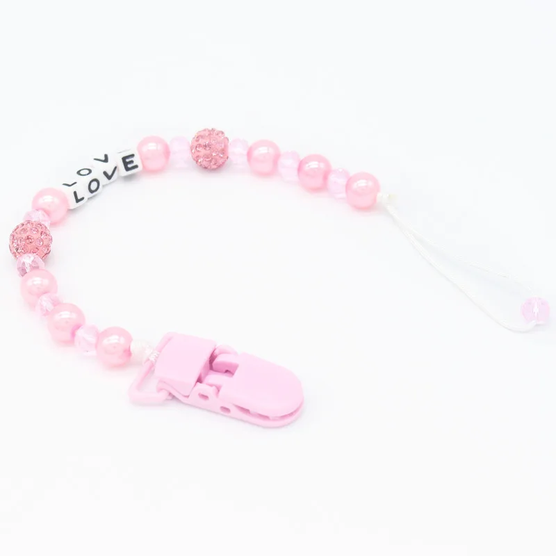 Baby Pacifier Clips Crystal Pearl Baby Pacifier Chain Anti-dropping Anti-lost Chain Infant Kids LOVE Letters Pacifier Chain