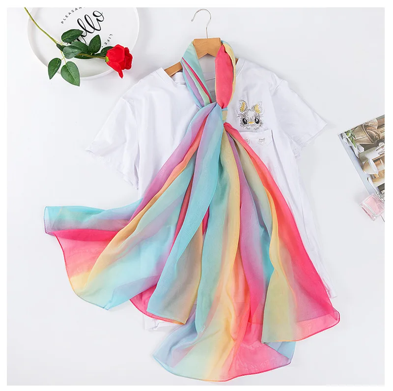 New Rainbow Color Silk Scarves Woman Autumn Winter Long Dots Printed Shawl Scarf Ladies Chiffon Beach Scarf Wraps Warm Gift 6