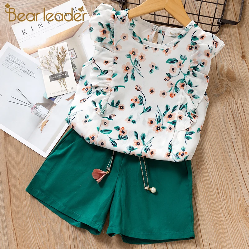 

Bear Leader Girls Sets New Summer Casual Girl Clothes Floral Kids Sets Sleeveless T-shirt+Solid Shorts Children Clothing 3 7Y
