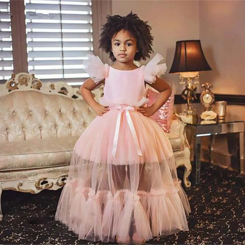 

Pink Puffy Flower Girl Dresses for Wedding Layered Tulle Lace Appliques Kids Pageant Evening Party Birthday Gown for Girls