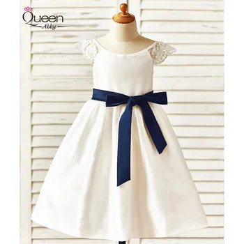 

White and Blue Ball Gown Communion Dress 2020 Simple Satin Lace Sleeves with Super Bow Scoop Neck Capped Dress for Wedding Party