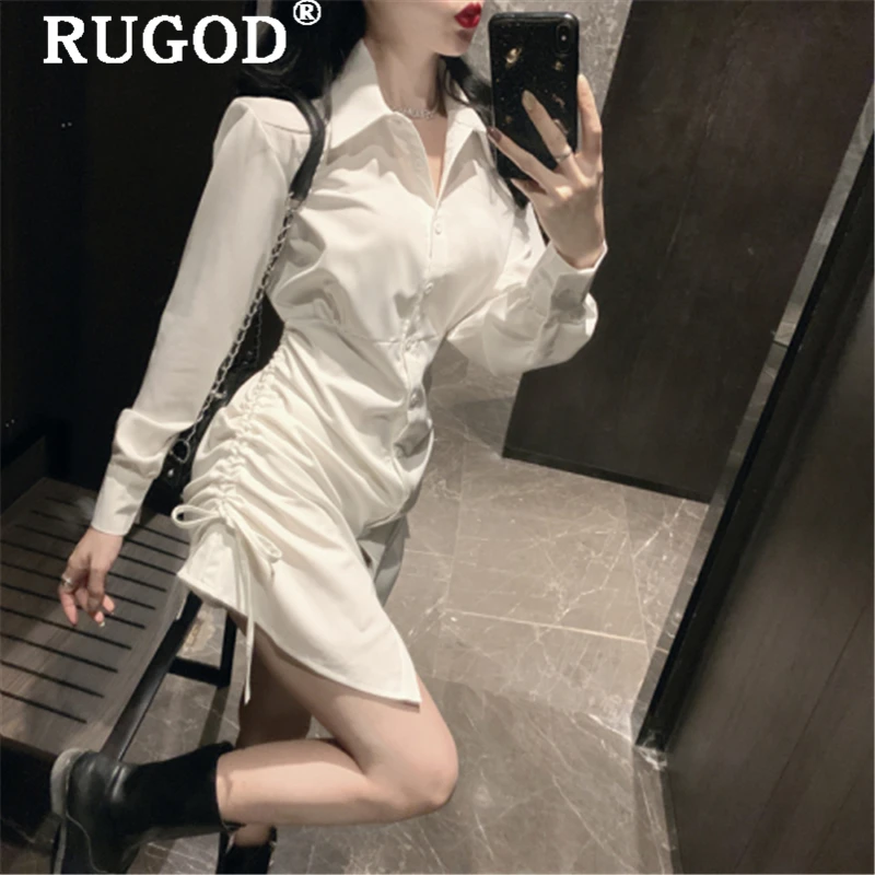 RUGOD элегантные офисные женские белые рубашки модные однотонные женские блузки средней длины с отложным воротником повседневные стильные блузки с завязками