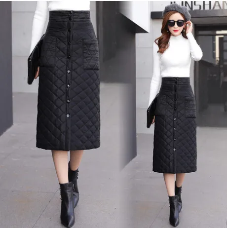 elegant office lady skirts womens 2020 high waist pocket button thick warm down cotton maxi long skirt saia black fw653 | Женская одежда