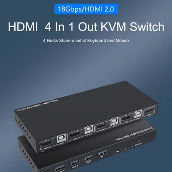 

HDMI 4 In 1 Out KVM Switch 18Gbps 4K 60Hz Ultra HD Metal Case HDMI 2.0 Screen Switcher Shared Keyboard Mouse