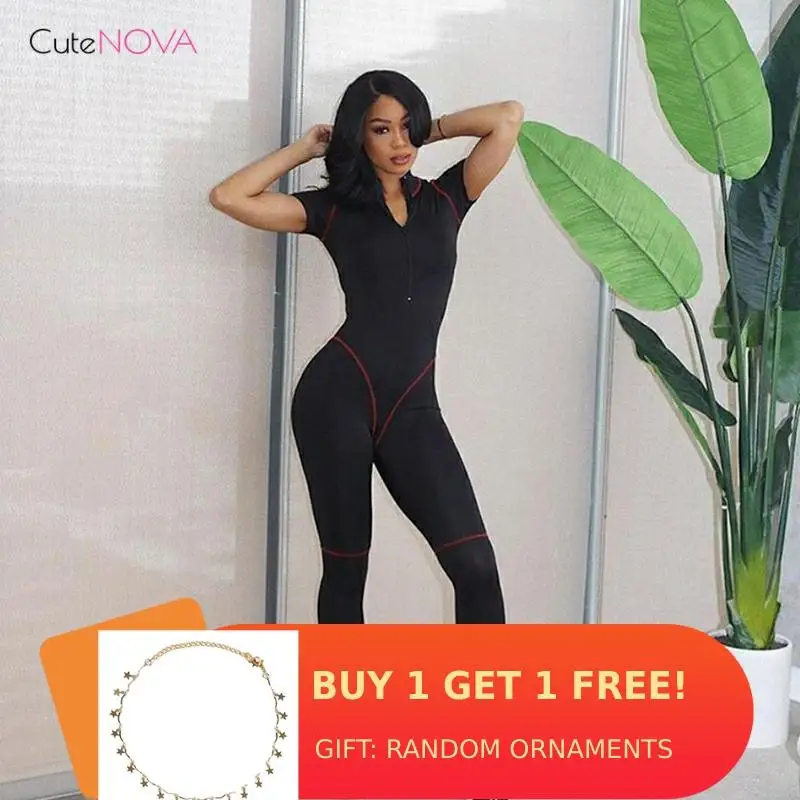 

CuteNOVA Turtleneck Slim Hit Color Zipper High Waist Hip Up Sport Fitness Jumpsuit Trousers 2020 Summer Women Street Jumpsuit
