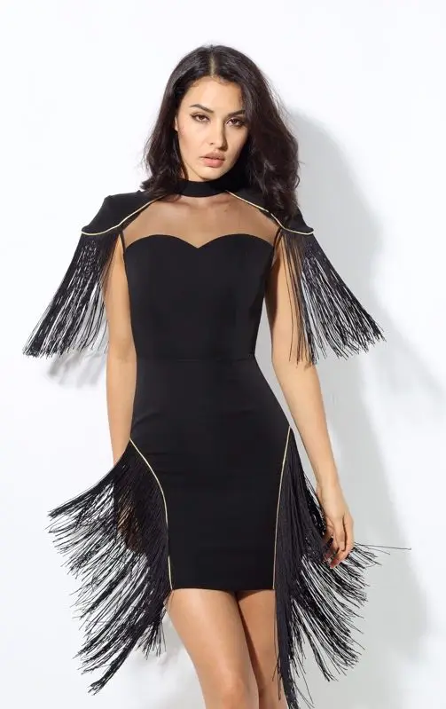 

Hot Sell Sleeveless Mesh Hollow Out Tassel Turtleneck Bodycon Rayon Bandage Celebrity Party Dress