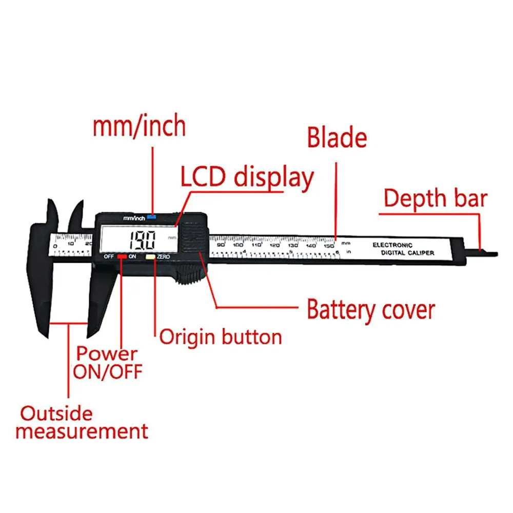 Цифровой Электронный штангенциркуль из углеродного волокна с ЖК-дисплеем, микрометр, измерительный инструмент 0-150 мм, пластиковый цифровой штангенциркуль
