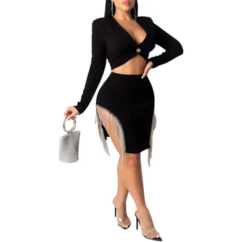 

Sexy 2 Piece Set Women Conjunto Feminino Ropa Mujer Deep V Neck Long Sleeve Diamond Skirt Two Pieces Sets Womens Outfits
