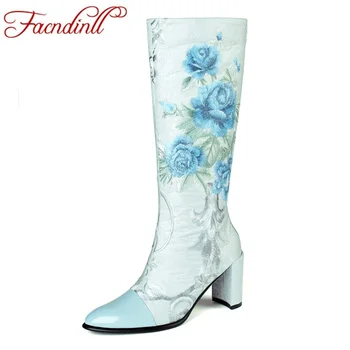 

FACNDINLL female knee high boots women high qulaity comfortable autumn winter boots women long boots white blue high heels shoes