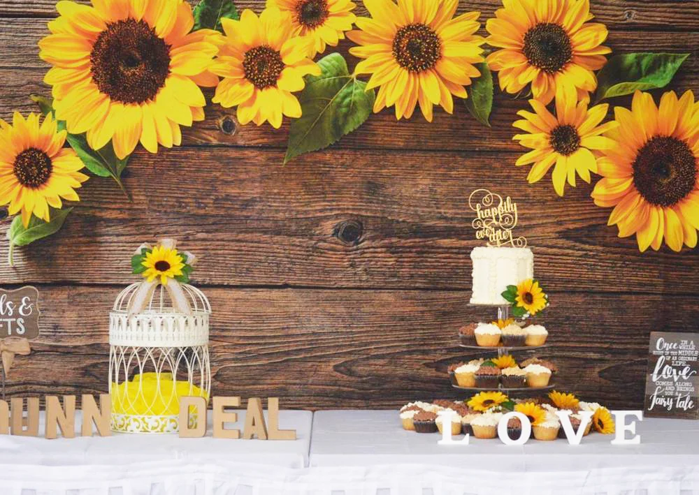 Sunflower Brown Wood Backdrops for Photography Rustic Child Baby Shower