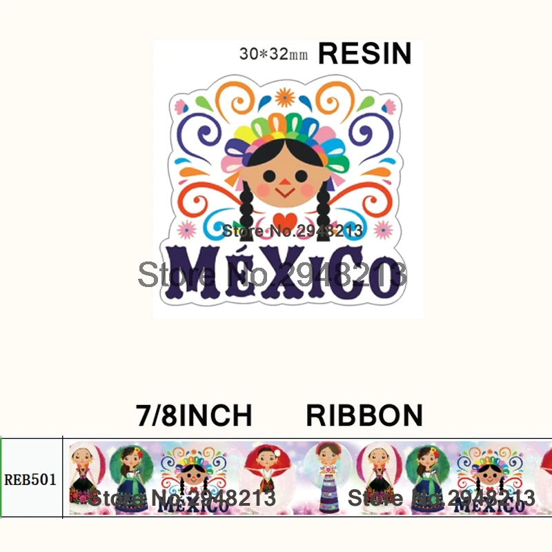 

printed cartoon Mexico girl grosgrain ribbon and resin sets 7/8inch 50yard ribbon and 50pcs resin 1 sets REB510