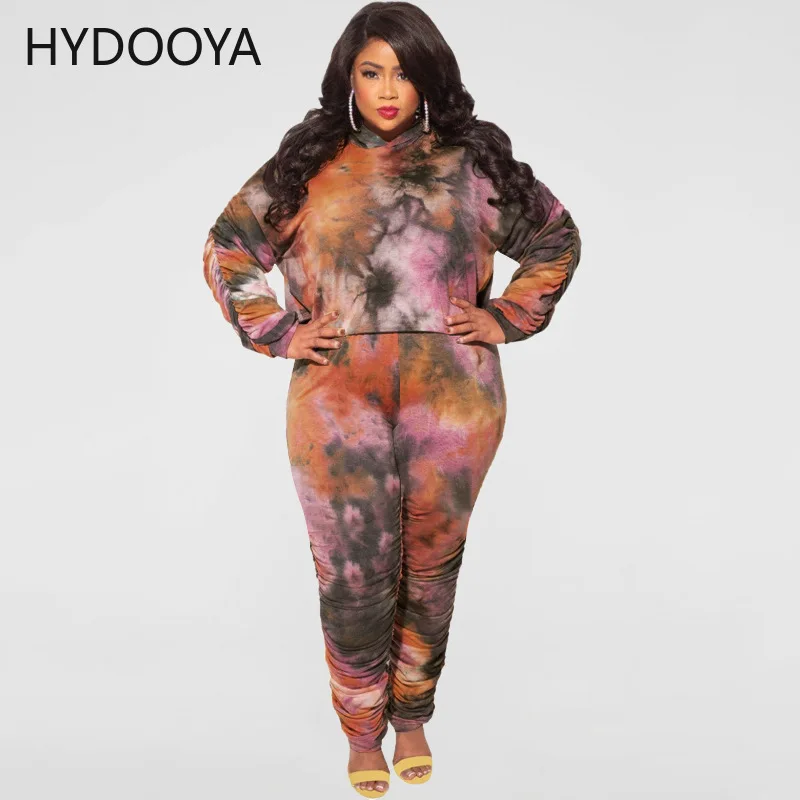 Plus Size 2 Piece Outfits Women Clothing Tie Dye Print Hooded Full Sleeve Hoodie and Ruched Trouser Suits Dropshipping Wholesale