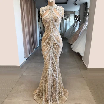 

2020 Glamorous High Neck Mermaid Evening Dress Short Sleeves Beaded Full-length Prom Dress Lady Dress Gown Dress Middle East