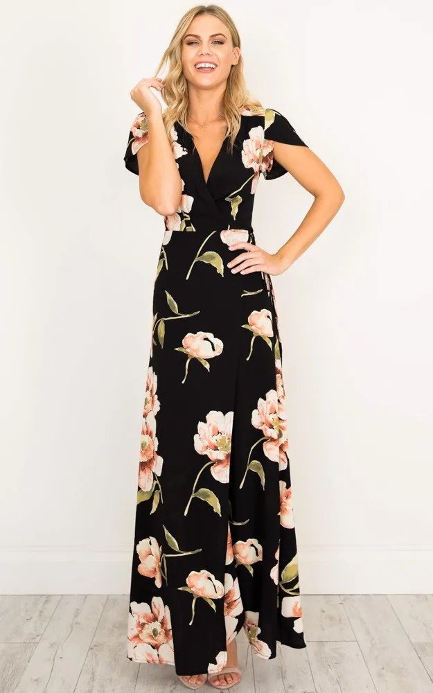 

Hot Selling Europe And America WOMEN'S Dress Summer New Style V-neck Short Sleeve Printed Chiffon Slim Fit High Fork One Piece L