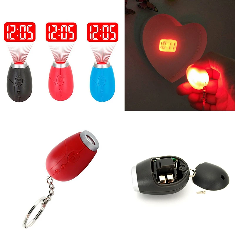 LED Portable Mini Digital Project Clock Keychain Key Ring Wall Projection Watch Time Date Timer