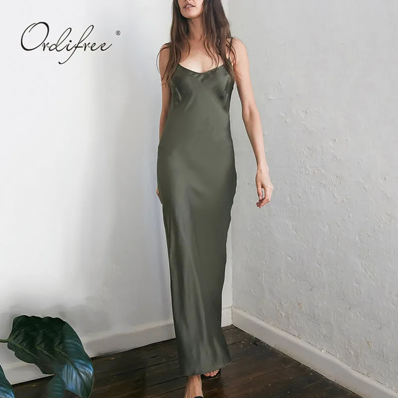 

Ordifree 2022 Summer Women Long Satin Slip Dress Spaghetti Strap Vintage Silk Shiny Maxi Night Party Dress