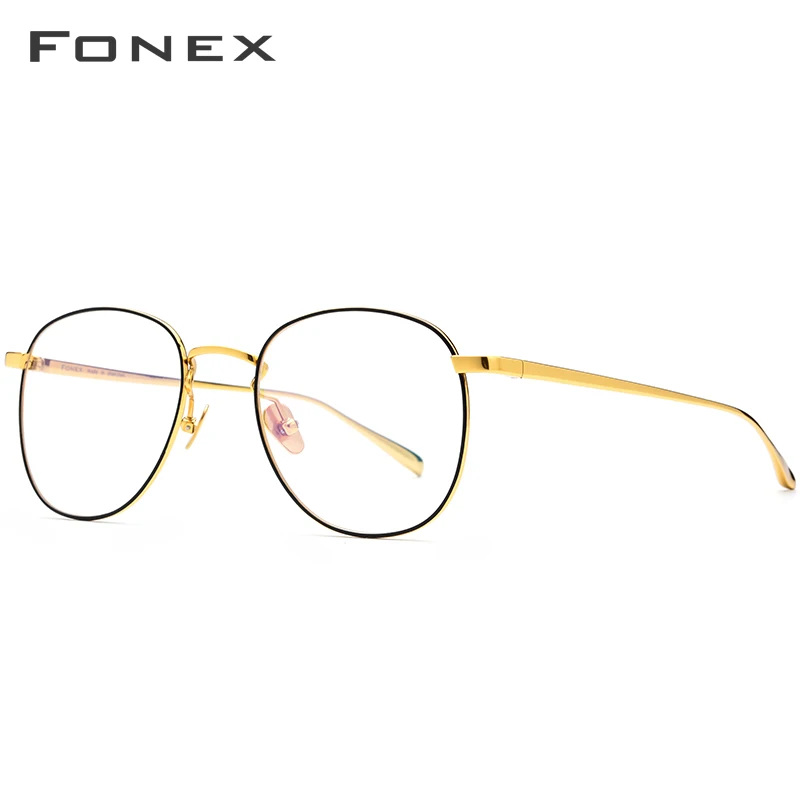 FONEX, чистый титановый рецепт, очки для мужчин, ультралегкие, Ретро стиль, круглые, близорукость, оптические очки, оправа для женщин,, ретро очки, 883 - Frame Color: Black Gold
