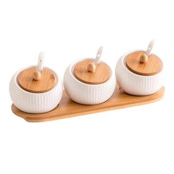 

1 Set Condiment Jar Sets Seasoning Box with Bamboo Lid Ceramic Seasoning Boxes