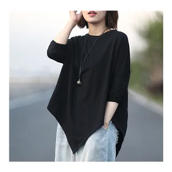 

2020 Spring new style solid color T-shirt simple temperament irregular design loose and thin female round neck long sleeve tops