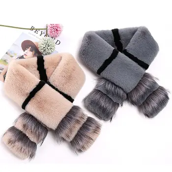 

98x12cm Kr Women Girls Winter Thicken Fluffy Plush Scarf Contrast Color Stripes Soft Windproof Neck Wraps Warmer