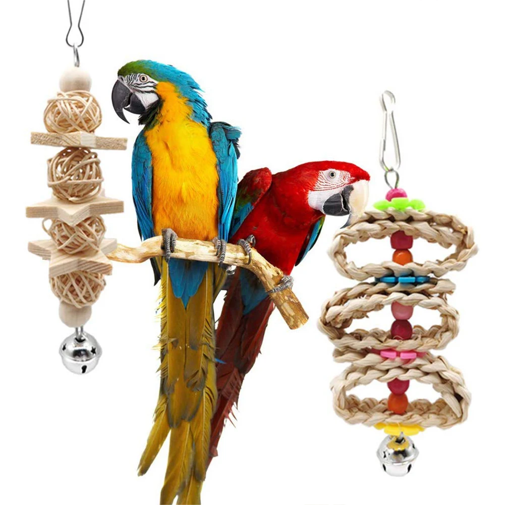 8 шт. Pet Bird Parrot деревянный шар из бисера колокольчики веревка Подвесные качели клетки жевательная игрушка для укуса