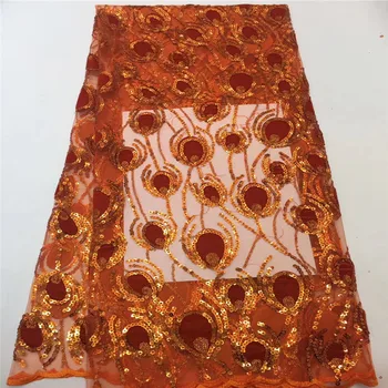 

Nigerian Lace Fabrics 5yard 3D Sequins lace fabric net lace fabric 2019 Sequins orange lace fabric for haute couture dress