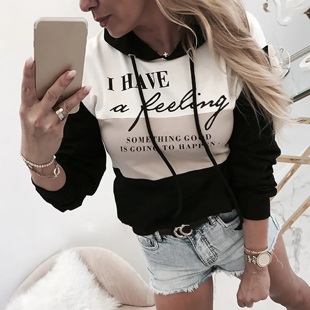  Autumn Women Hoodies Top Pullover Sweatshirt Long Sleeve Letter Printed Lady Hooded Shirt Patchwork