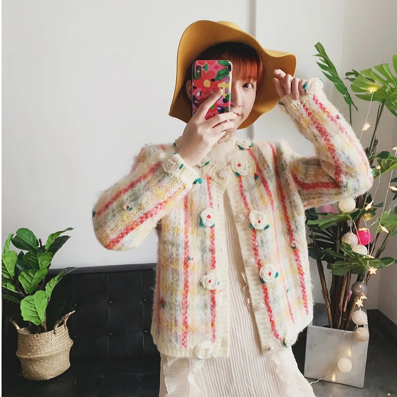 Three-dimensional flowers sweater girl embroidered cardigan mohair grid single-breasted knitting coat