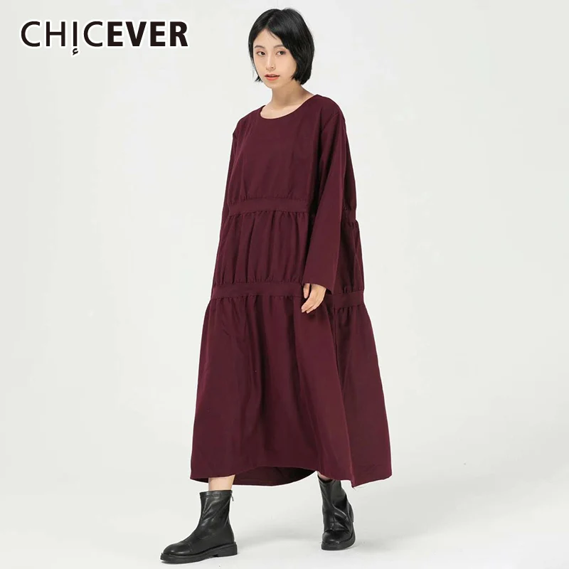 CHICEVER минималистичное Повседневное платье для женщин черное Свободное с круглым