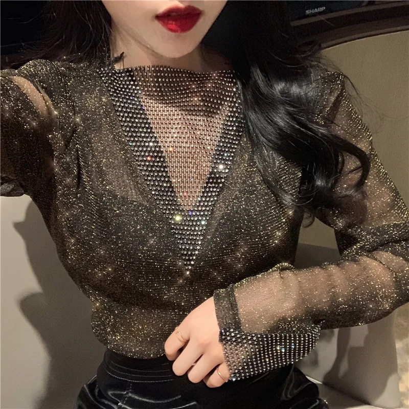 Hi Girl сексуальная тонкая блестящая футболка женская с длинным рукавом украшенная