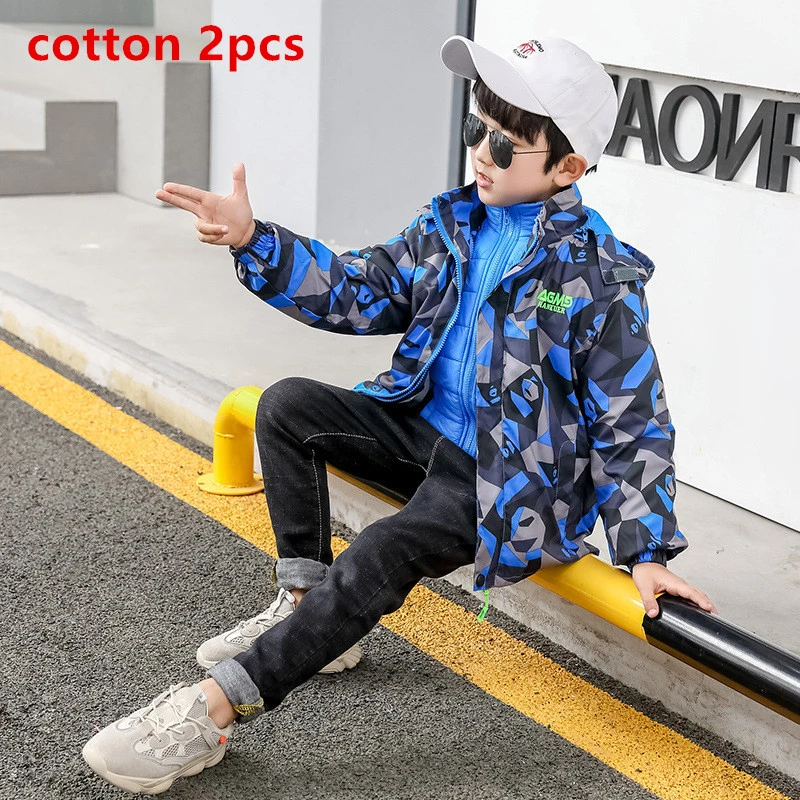 cotton blue Детская одежда для туризма, три в одном Новинка года, осенне-зимняя ветровка для мальчиков камуфляжная ветрозащитная верхняя одежда для От 2 до 13 лет - Цвет: cotton blue
