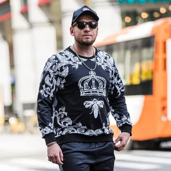 

New large size clothing increase plus obese long sleeve Sweatshir men's round neck crown bee print