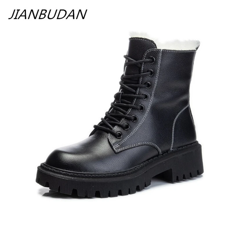 

JIANBUDAN Genuine Leather snow boots Women's winter Wool warm Ankle boots Thick bottom Comfortable Waterproof Cowhide boots