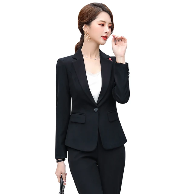 Traje Formal clásico para mujer, conjunto de dos de ropa de trabajo negocios, con pantalones, color gris y negro _ - AliExpress