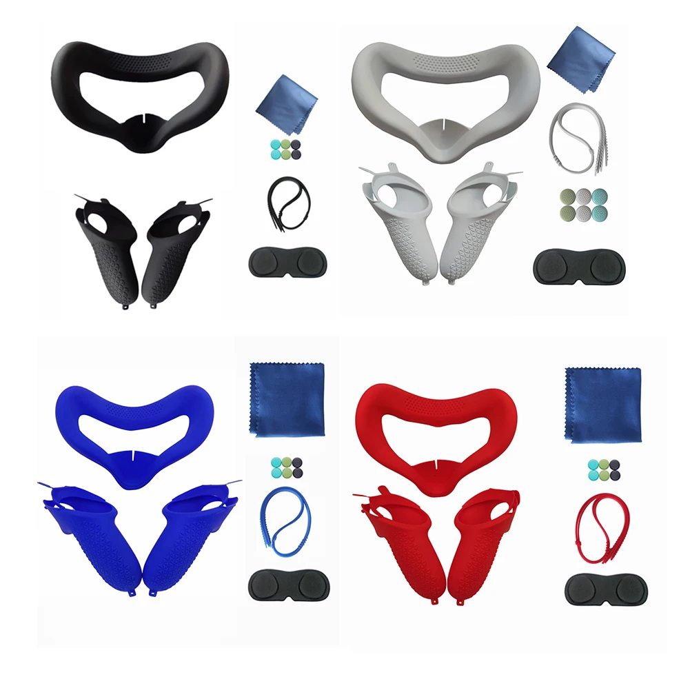 Conjunto de accesorios VR para Oculus Quest 2, almohadilla facial de silicona, cubierta de lente, cubierta de agarre de controlador, correas de mano, agarre de pulgar para VR, 13 Uds.