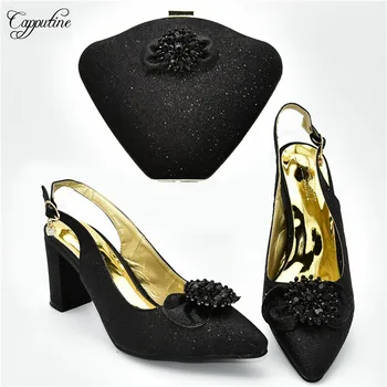 

Hot sale black party sets matching sandals shoes with clutch handbags 108-6 heel height 7cm