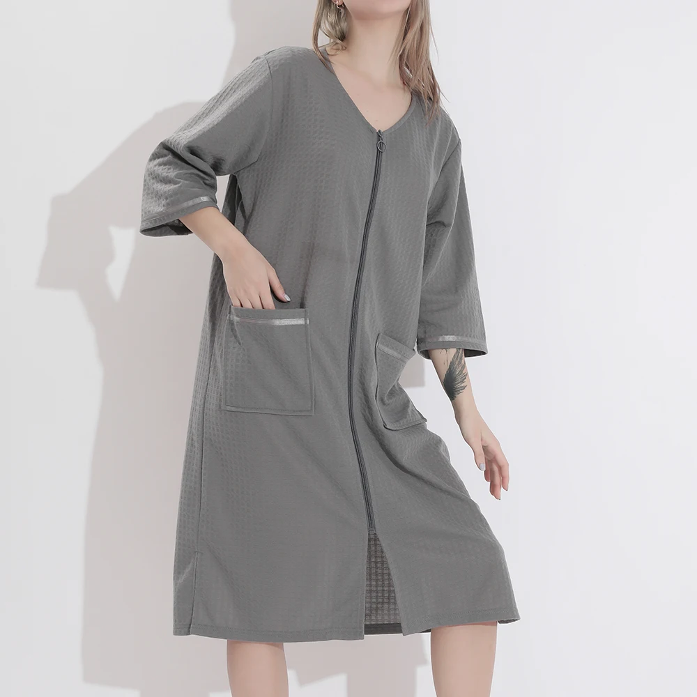Women Sleepwear Pajamas Bathrobe Nightgown Zipper Pocket Loose Thin Robe Gown 3XL