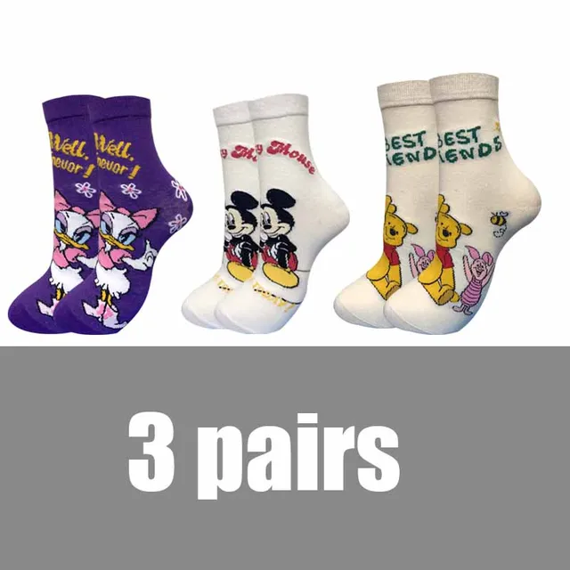 3 Pairs Casual Korea Women socks Cute Kawaii long socks Cartoon Mickey Minnie Donald Winnie Cotton socks girl socks Size 35-42 Brown